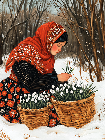 Woman Gathering Snowdrops