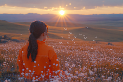 Woman Gazing at Sunset Field