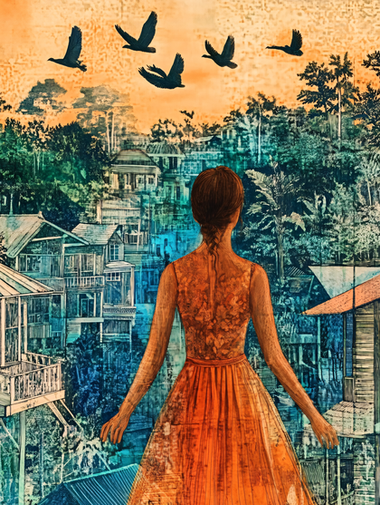 Woman Gazing at Village Landscape