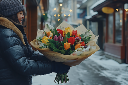 Woman Holding a Colorful Tulip Bouquet