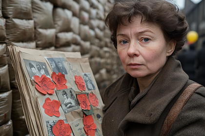 Woman Holding Album with Red Poppies