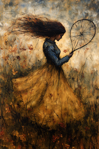 Woman Holding Bicycle Wheel in Field