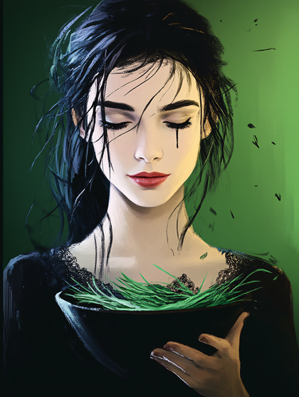 Woman Holding Bowl of Grass