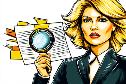 Woman Holding Magnifying Glass over Documents