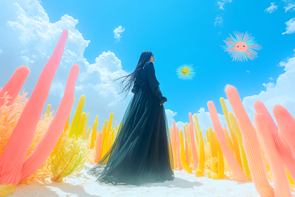 Woman in Black Dress Amidst Surreal Cactus Garden