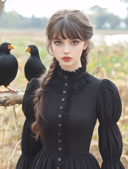 Woman In Black Dress With Crows