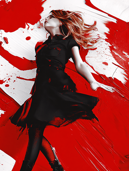 Woman In Black Dress With Red And White Background
