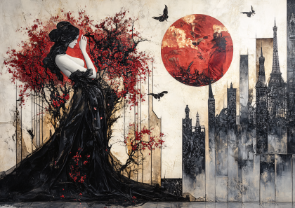 Woman In Black Dress With Red Blossoms And Cityscape