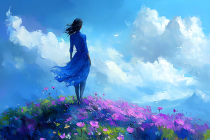 Woman In Blue Dress Gazing At Cloudy Sky