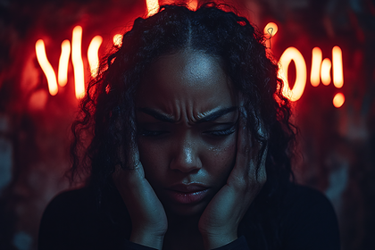 Woman in Distress with Neon Sign