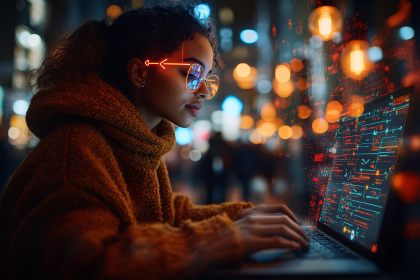Woman in Futuristic Glasses Coding at Night