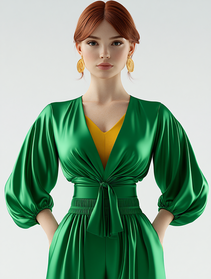 Woman in Green Dress and Gold Earrings