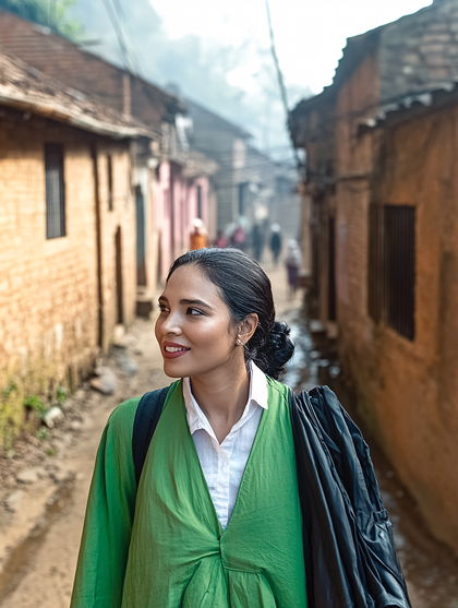 Woman In Green Dress Walking In Village Street