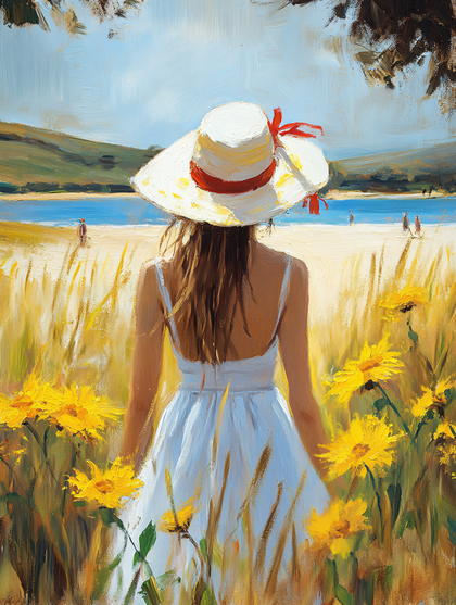 Woman in Hat Looking at Beach in Flower Field