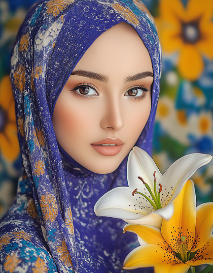 Woman In Hijab With Lilies
