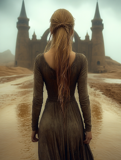 Woman In Medieval Dress Approaching Castle