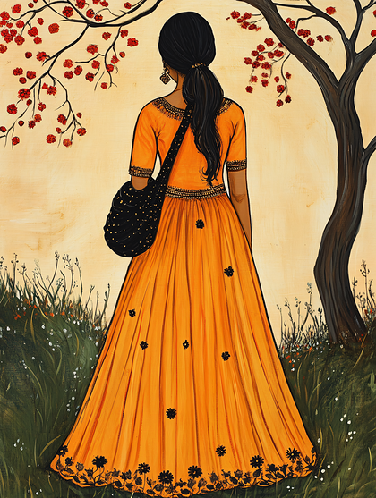 Woman In Orange Dress Looking At Tree