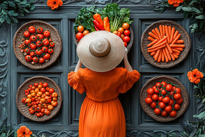 Woman In Orange Dress Surrounded By Fresh Produce