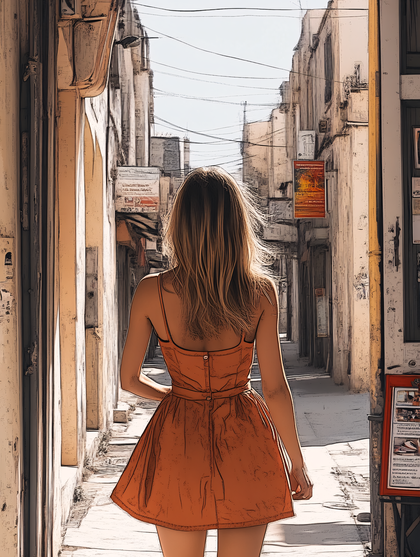 Woman in Orange Dress Walking Down Alleyway