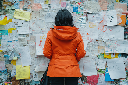 Woman in Orange Jacket Standing Before Wall of Notes