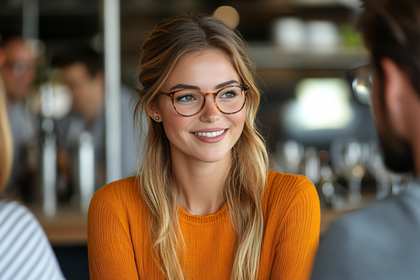 Woman In Orange Sweater Smiling