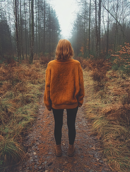 Woman In Orange Sweater Walking Through Autumn Forest