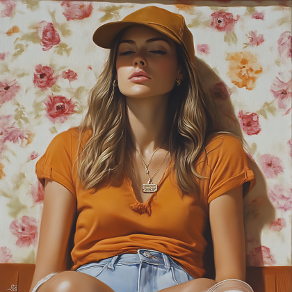 Woman in Orange with Floral Backdrop