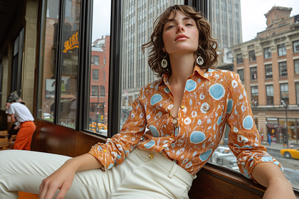 Woman in Patterned Blouse Posing by Window