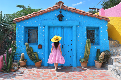 Woman in Pink Dress Approaching a Blue House