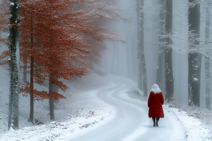 Woman in Red Coat Walking Through Snowy Forest