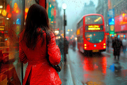 Woman in Red Coat Watching London Bus in Rain