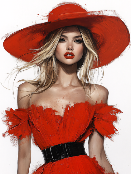 Woman In Red Dress And Hat