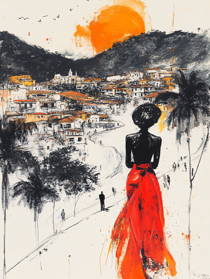 Woman In Red Dress Overlooking Cityscape