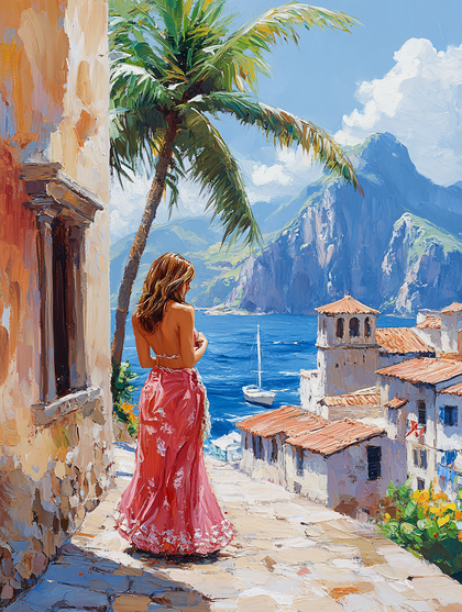 Woman In Red Dress Overlooking Coastal Town