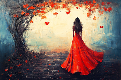 Woman in Red Dress Under Autumn Tree