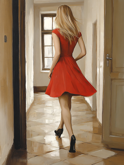 Woman In Red Dress Walking Away