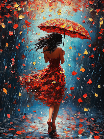 Woman In Red Dress Walking In Rain With Umbrella