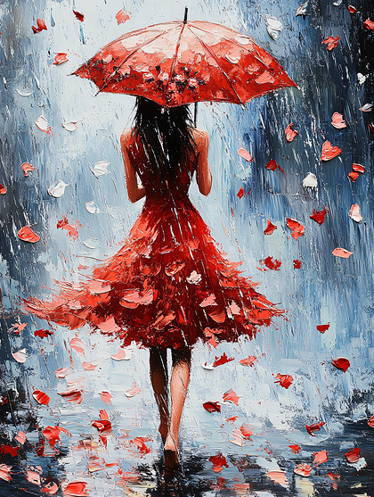 Woman In Red Dress Walking In Rain With Umbrella