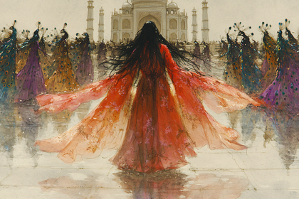 Woman In Red Dress With Peacock Figures Taj Mahal