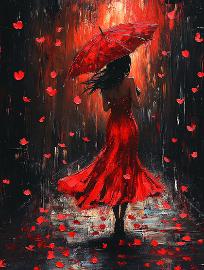 Woman In Red Dress With Umbrella In Rain