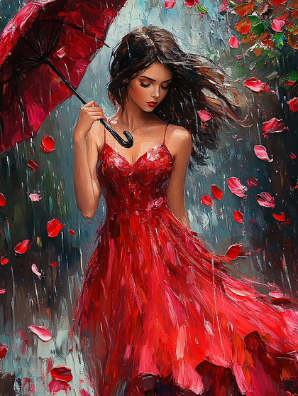 Woman In Red Dress With Umbrella In Rain