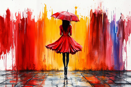Woman In Red Dress With Umbrella