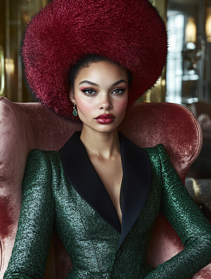 Woman in Red Statement Hat and Green Sequin Jacket