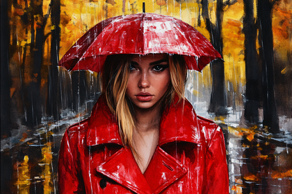 Woman In Red Under Umbrella