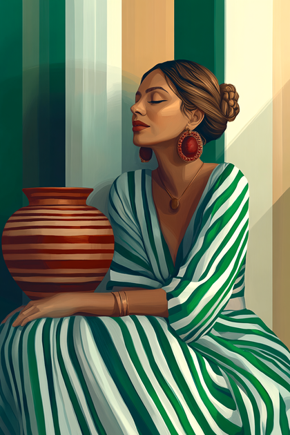 Woman in Striped Dress with Terracotta Pot