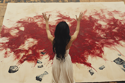 Woman in White Dress with Raised Arms Against Abstract Red Painting