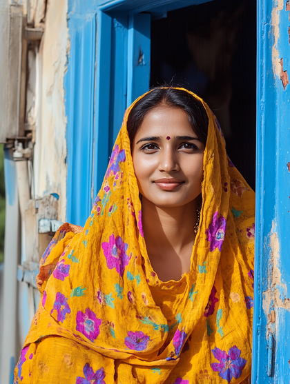 Woman in Yellow Headscarf by Blue Window