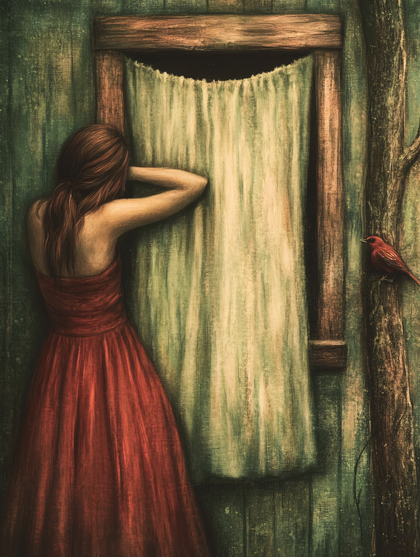 Woman Listening at Curtain