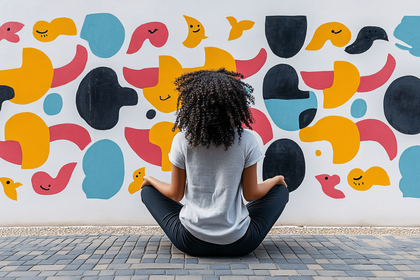 Woman Meditating Before Mural