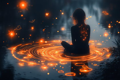 Woman Meditating with Glowing Orbs